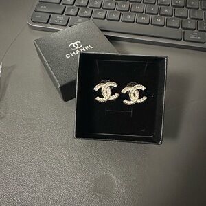 Rhinestone CC Logo Earrings - Gold Tone